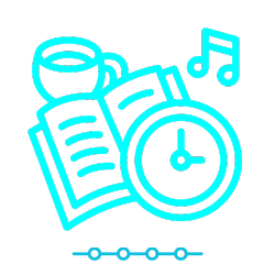 An blue illustrated icon of an open book, a clock. a mug of coffee and a music note on a transparent background.