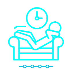 An blue illustrated icon of a person relaxing on a couch with a clock above them on a transparent background.