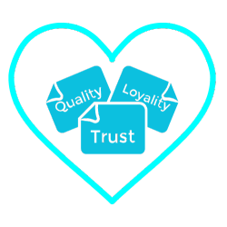 An blue illustrated icon of a heart with three post-it notes reading "Quality" "Loyalty" and "Trust" inside it.